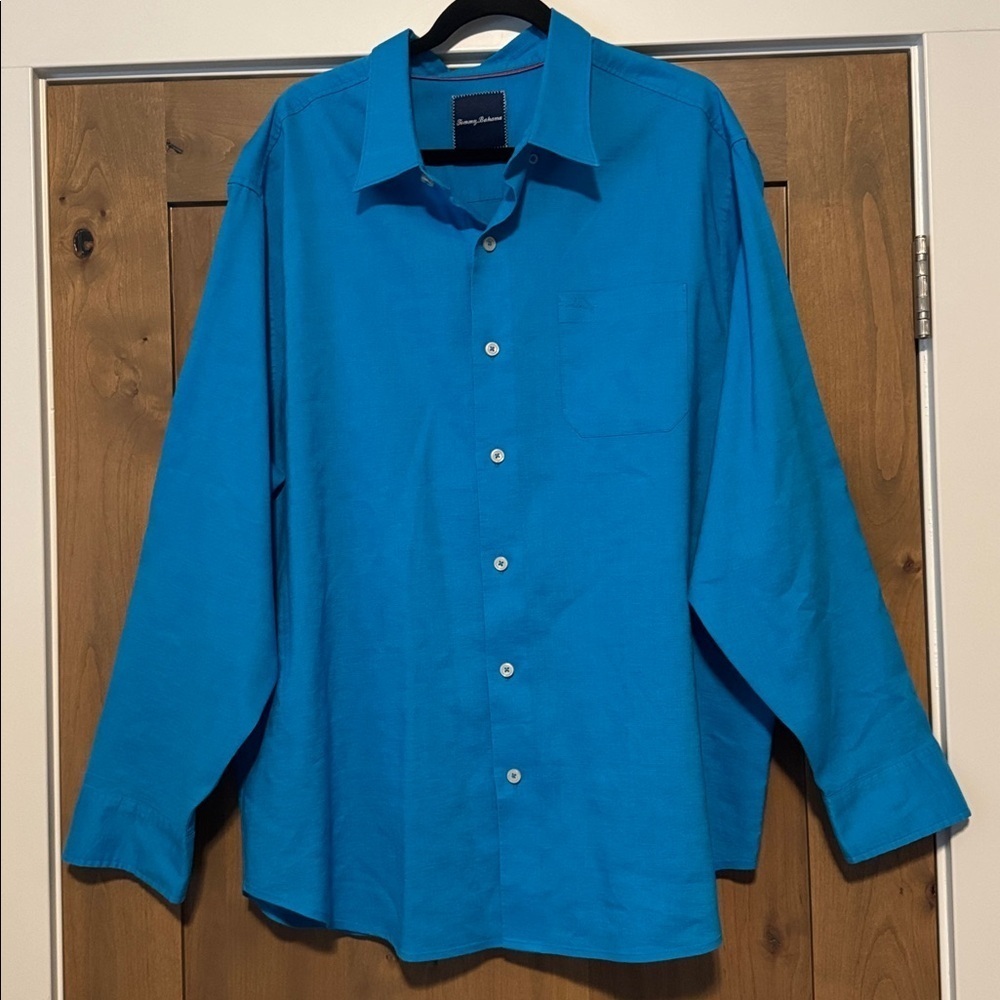 Tommy Bahama Mens 1XB Linen Blend Shirt Bright blue button down Tropical Cool